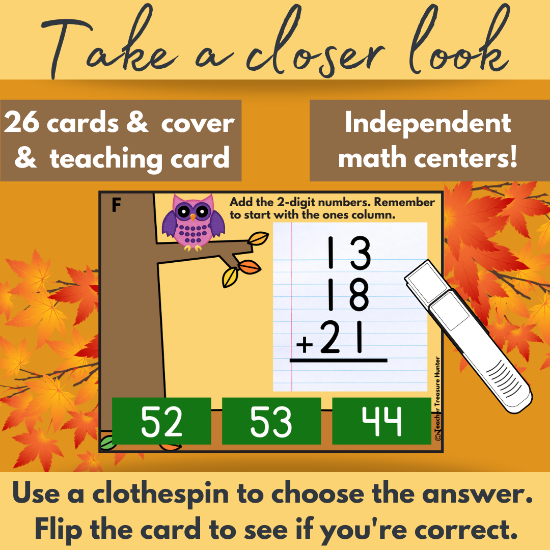 Owl About Addition math task cards for 2-digit addition with 3 or 4 numbers