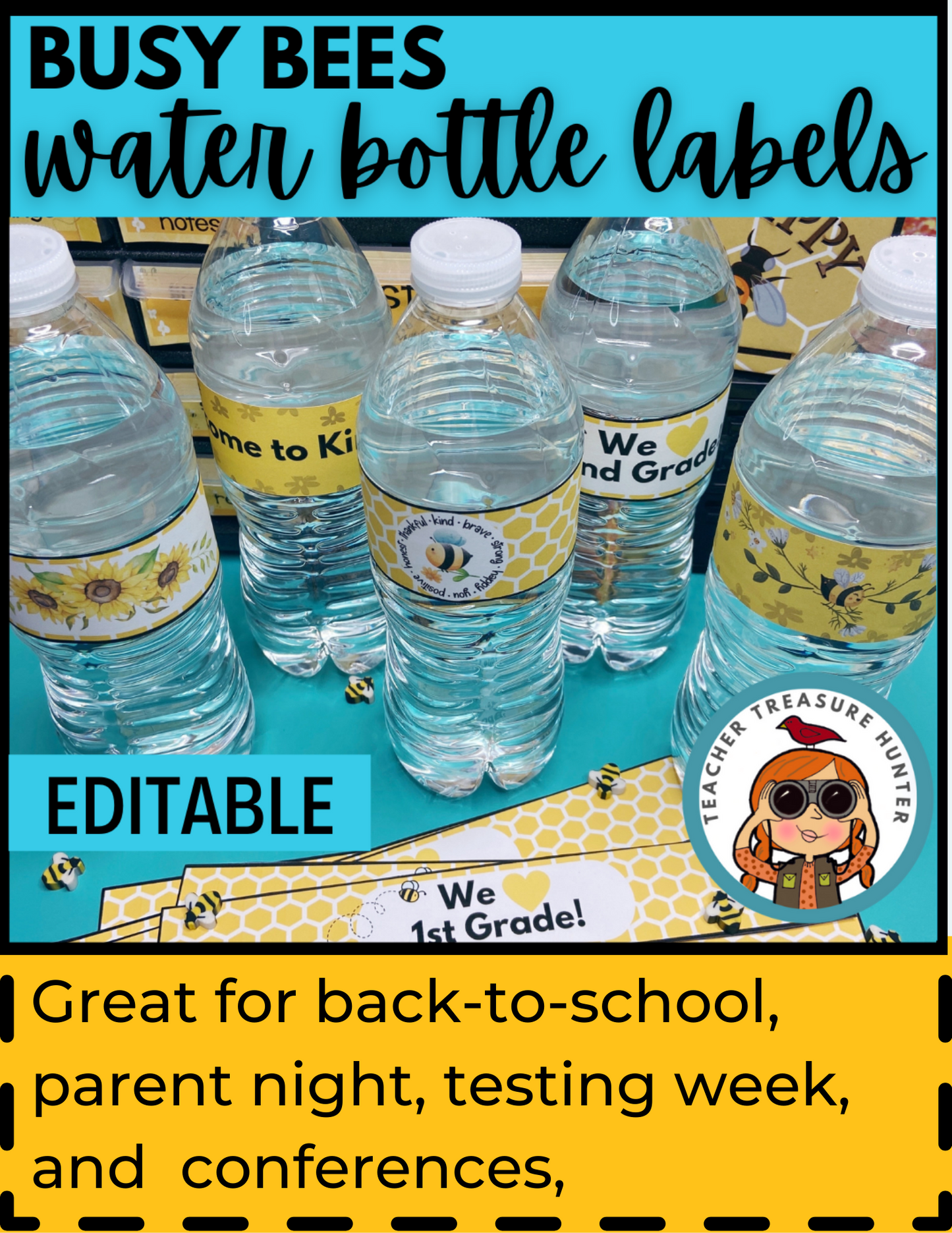 Bee Water Bottle labels for back to school, orientation, open house