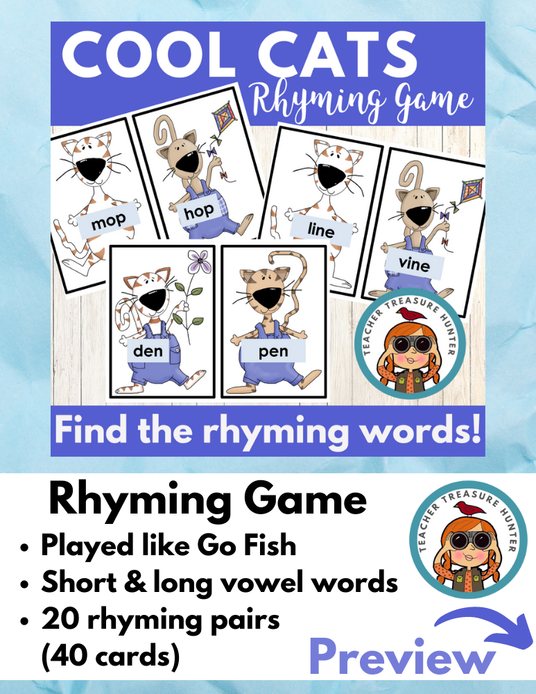 Short and long vowel Rhyming words game 1st grade | Cool Cats Rhyming Game