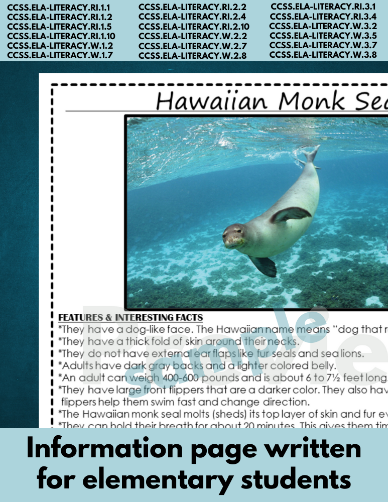 Hawaiian Monk Seal Endangered Animal information page for animal research report