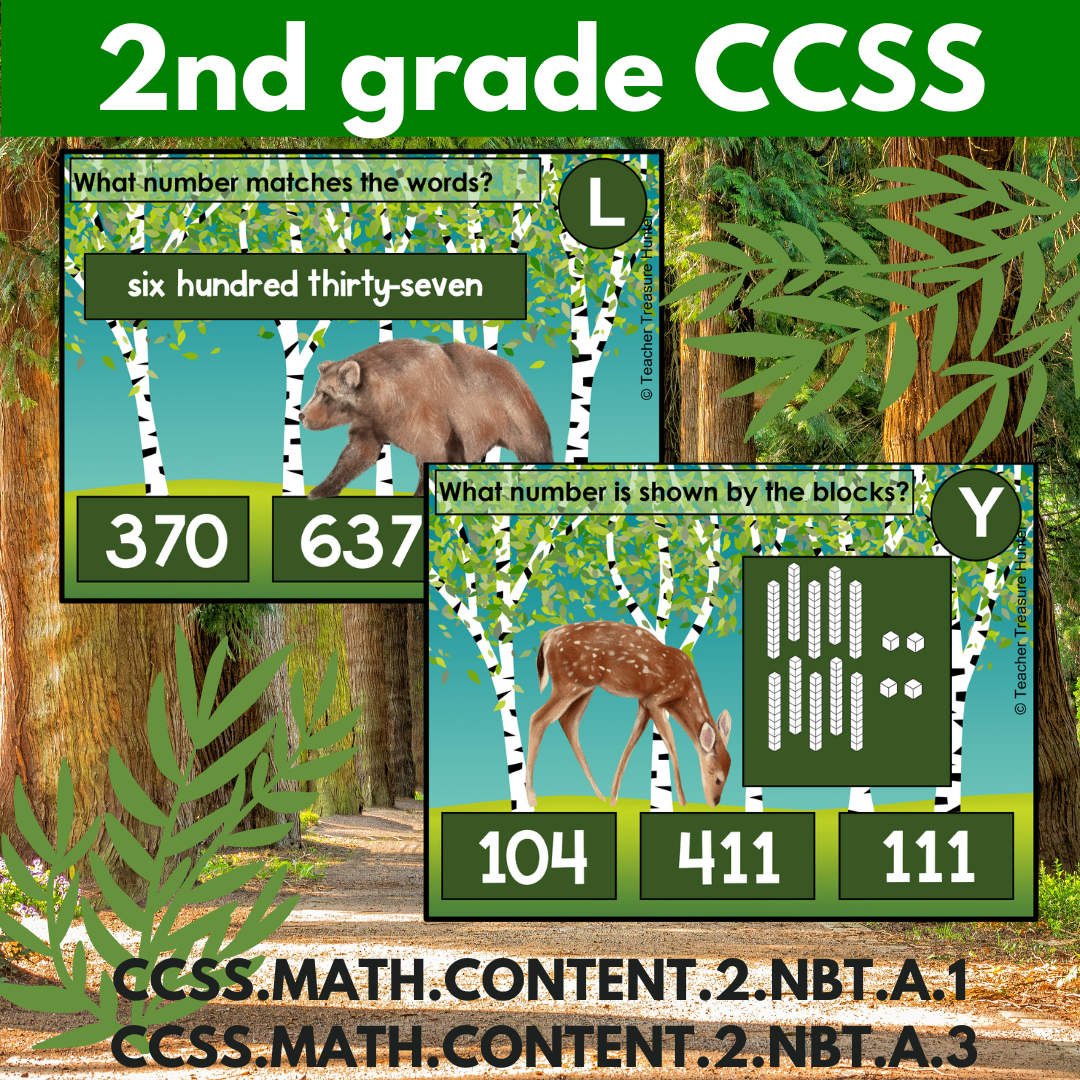 Math task cards for 2nd grade | word form and picture form for 3 digit numbers