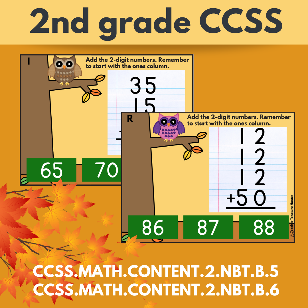 Owl About Addition math task cards for 2-digit addition with 3 or 4 numbers