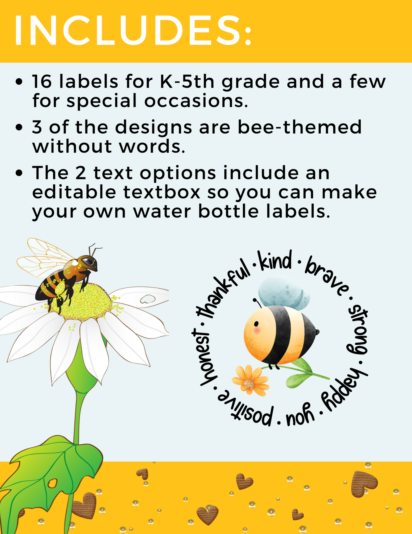 Bee Water Bottle labels for back to school, orientation, open house