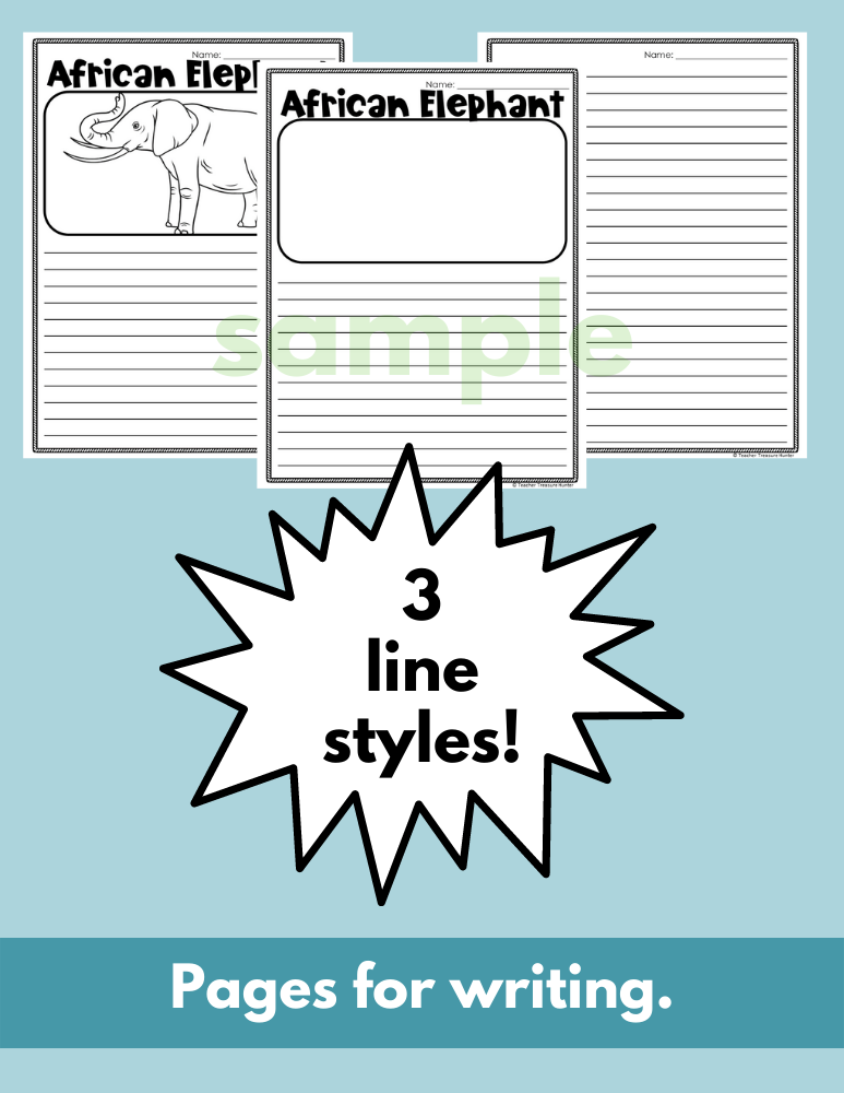 African Elephant Read Write Color activity for K, 1st, 2nd grade