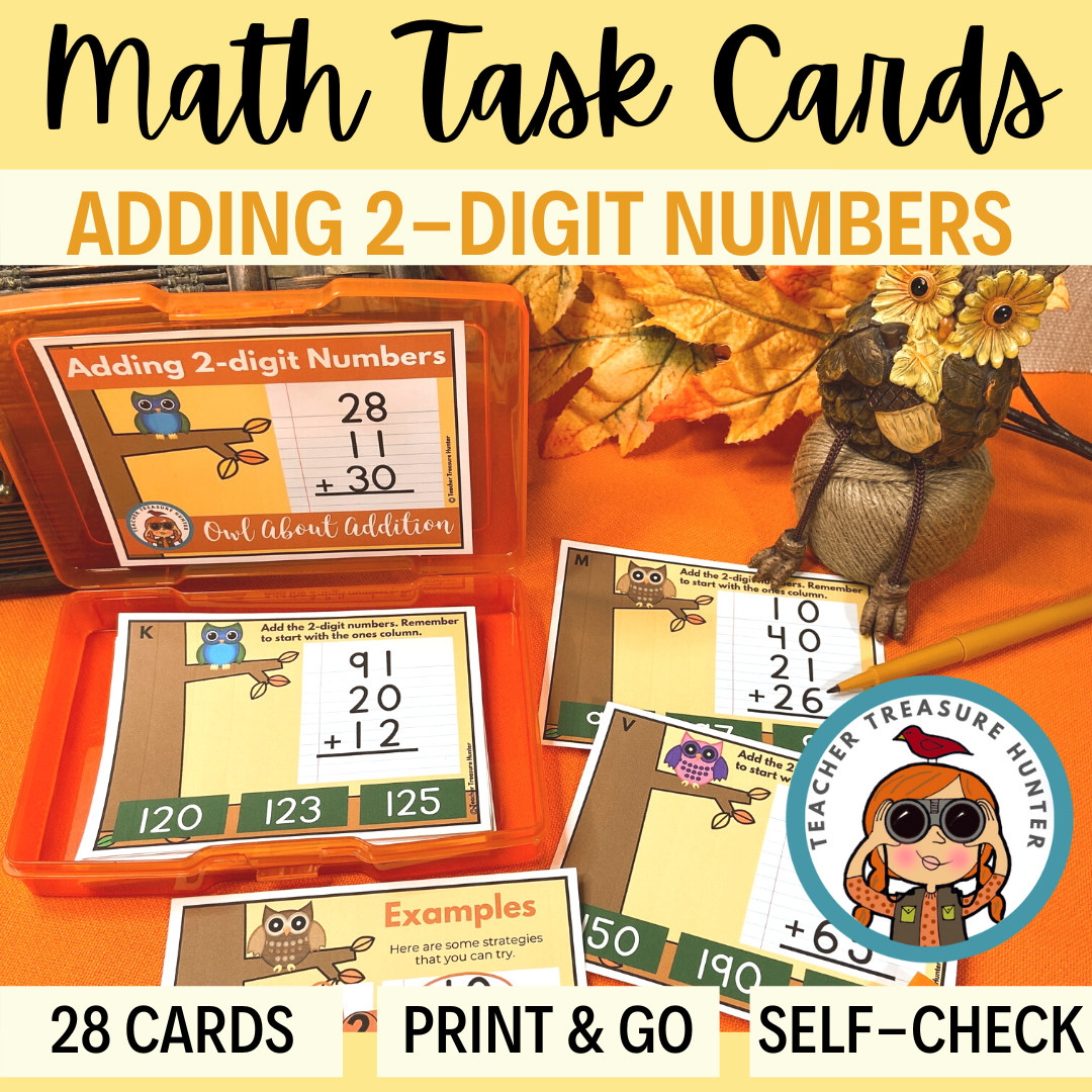 Owl About Addition math task cards for 2-digit addition with 3 or 4 numbers