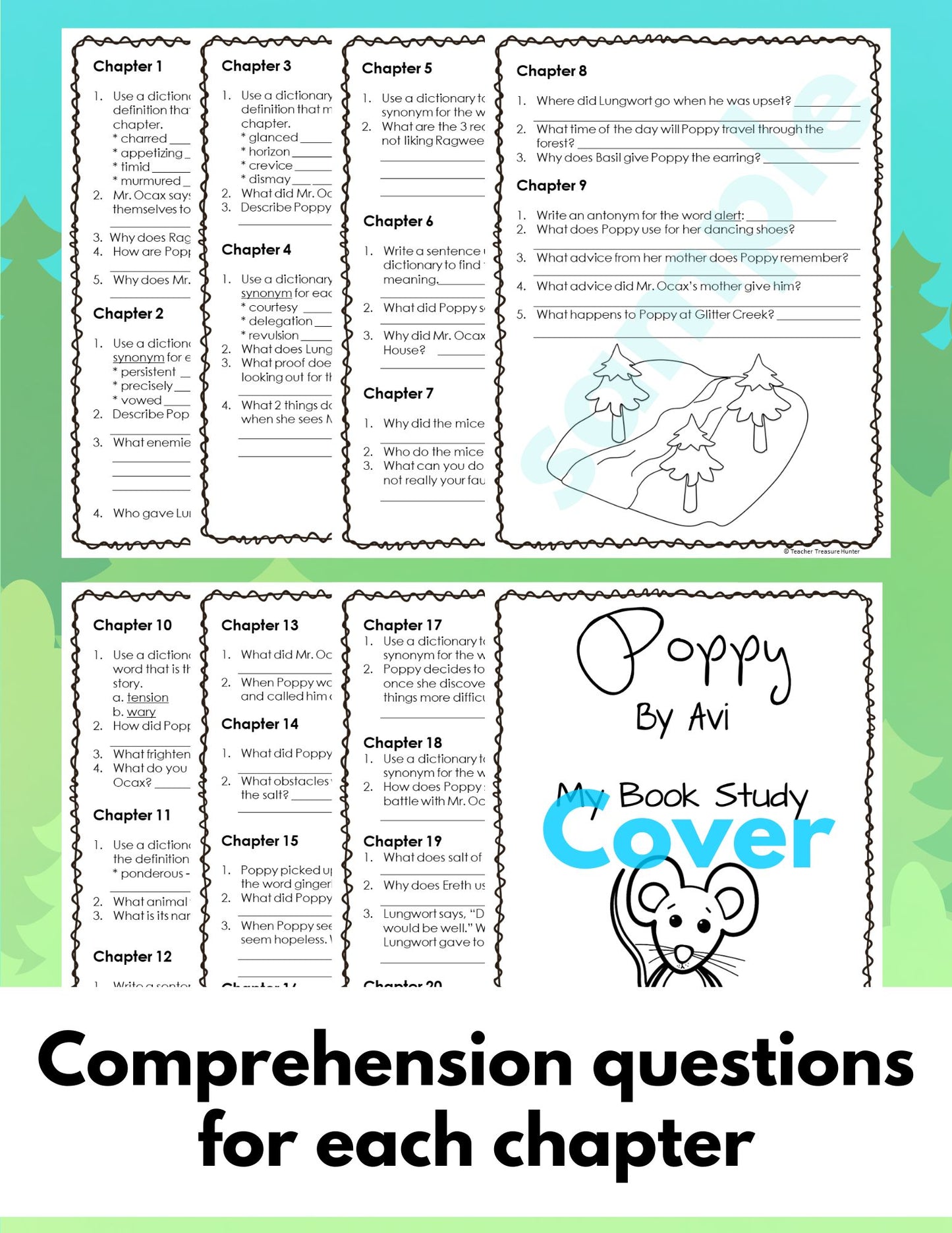 Poppy by AVI book unit with comprehension, crossword puzzle activity, author study