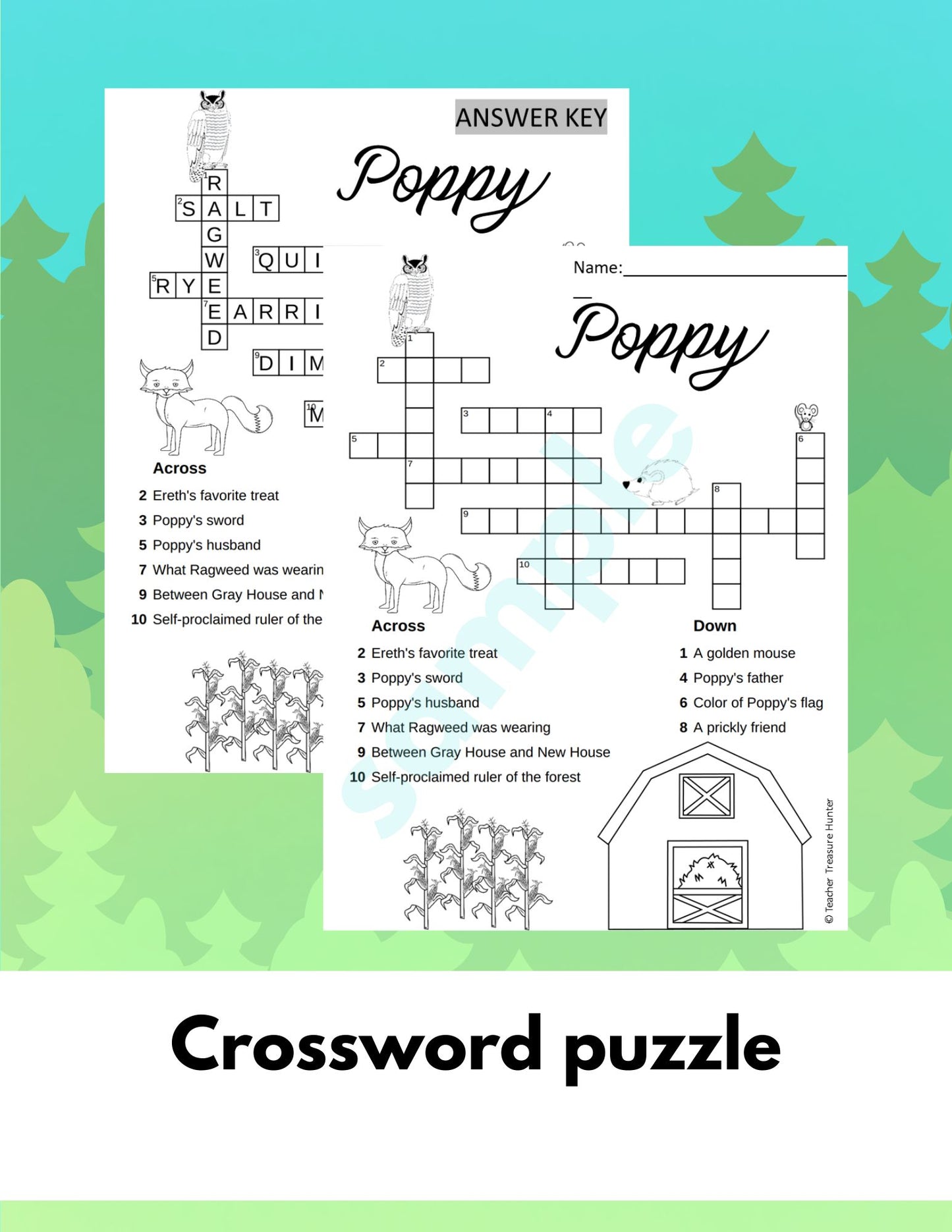 Poppy by AVI book unit with comprehension, crossword puzzle activity, author study
