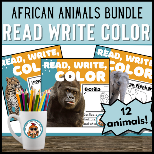 African Animal facts Read Write Color activity BUNDLE