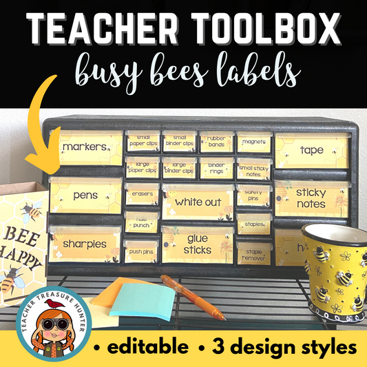 Bee themed Teacher Toolbox for organizing small supplies