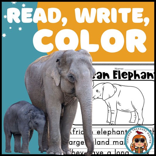 African Elephant Read Write Color activity for K, 1st, 2nd grade