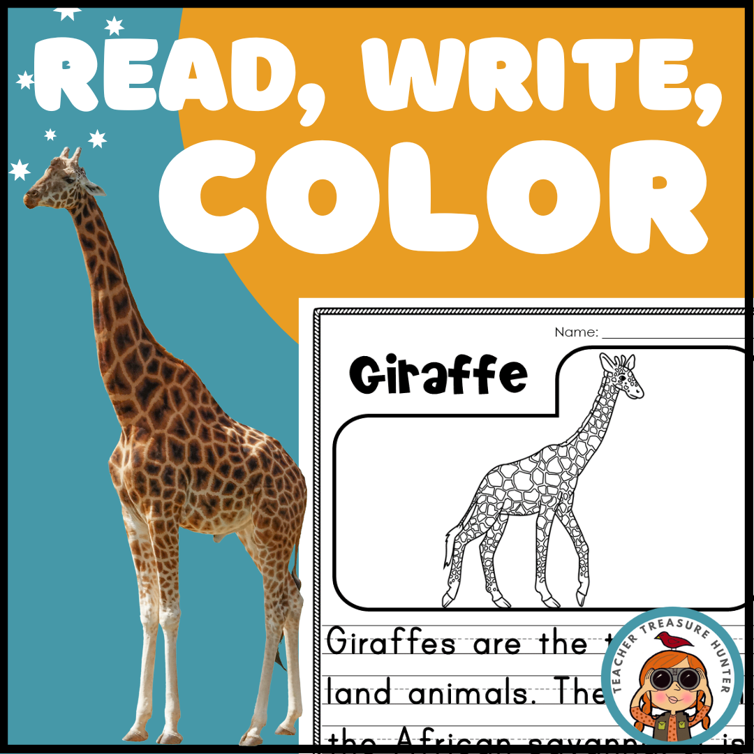 Giraffe African Savanna habitat Read Write Color activity for K, 1st, 2nd grade